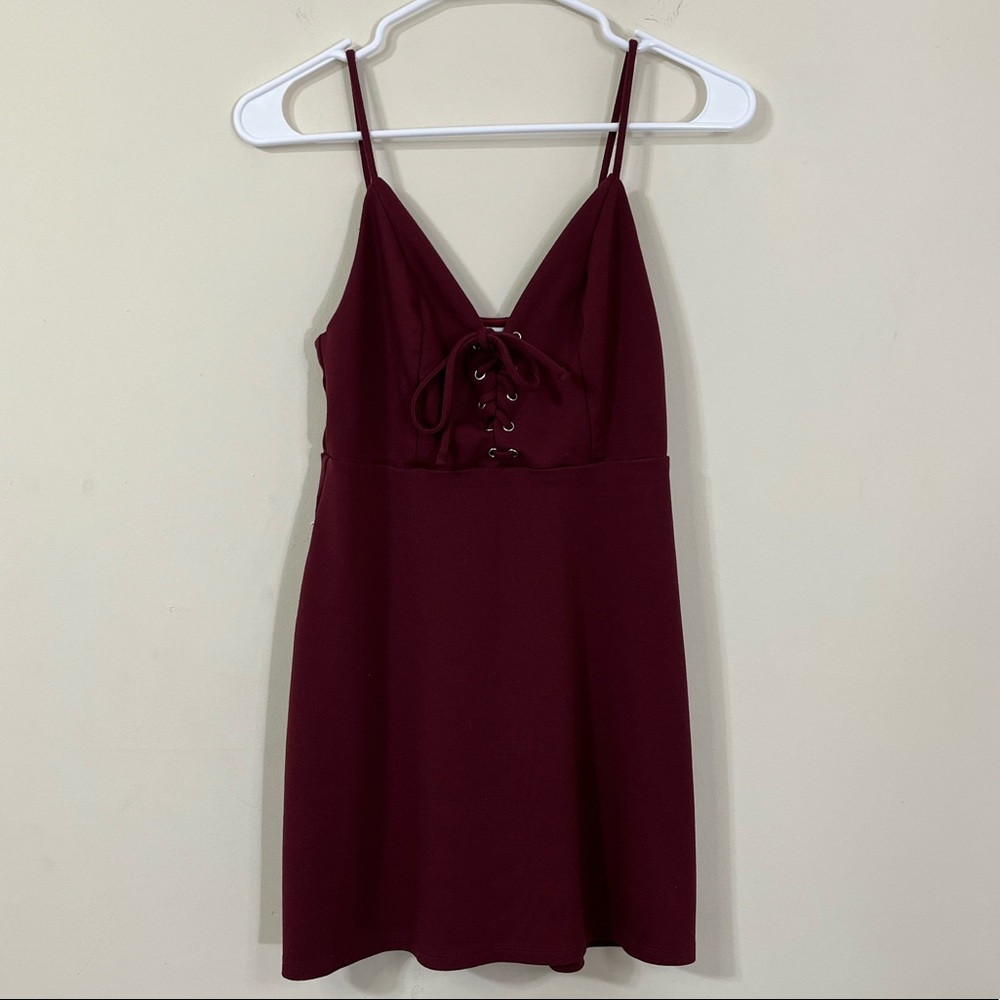 Urban Outfitters Ponte Lace Up Mini Dress in Burgundy - Picture 2 of 8